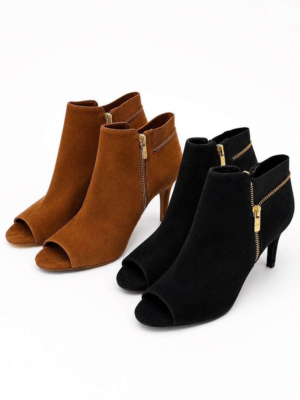 Marc Fisher Peep Toe Suede Ankle Bootie Bundle Size 8M Black & Cognac Displays